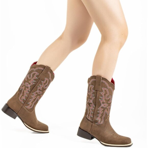 SheSole Western Boots Women's Tan Faux Leather Fashion Square Toe Wide Mid Calf - Picture 5 of 9